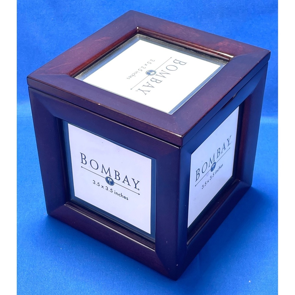 Bombay Co Wood Photo Cube Square Box 5 Glass Sides Hinged Lid 3.5" X 3.5" 1996